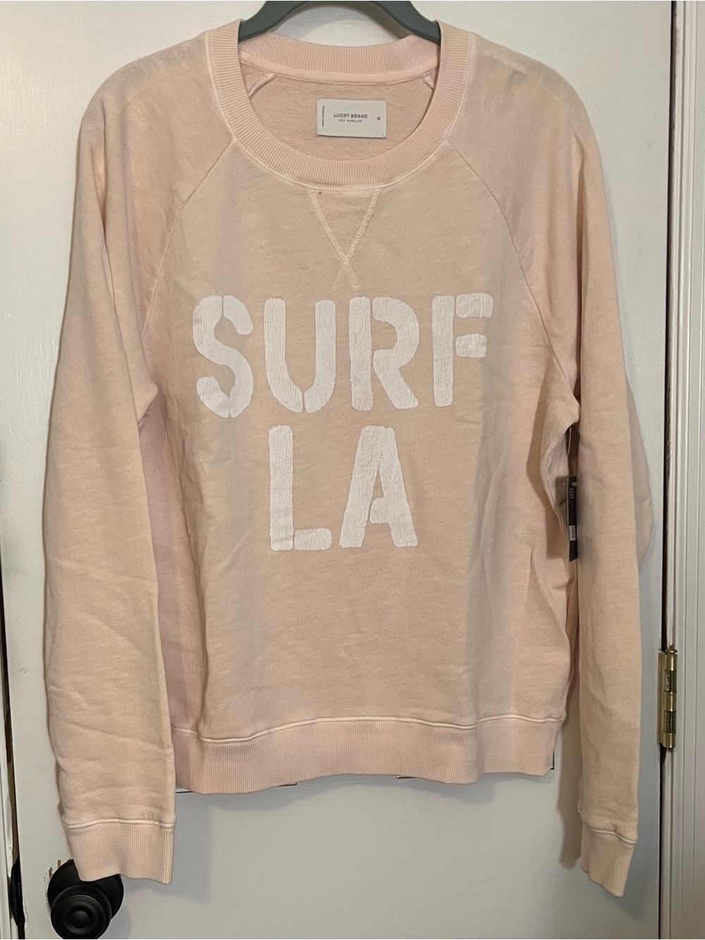 Lucky Brand Light Pink Crewneck Sweater with White SURF LA Graphic